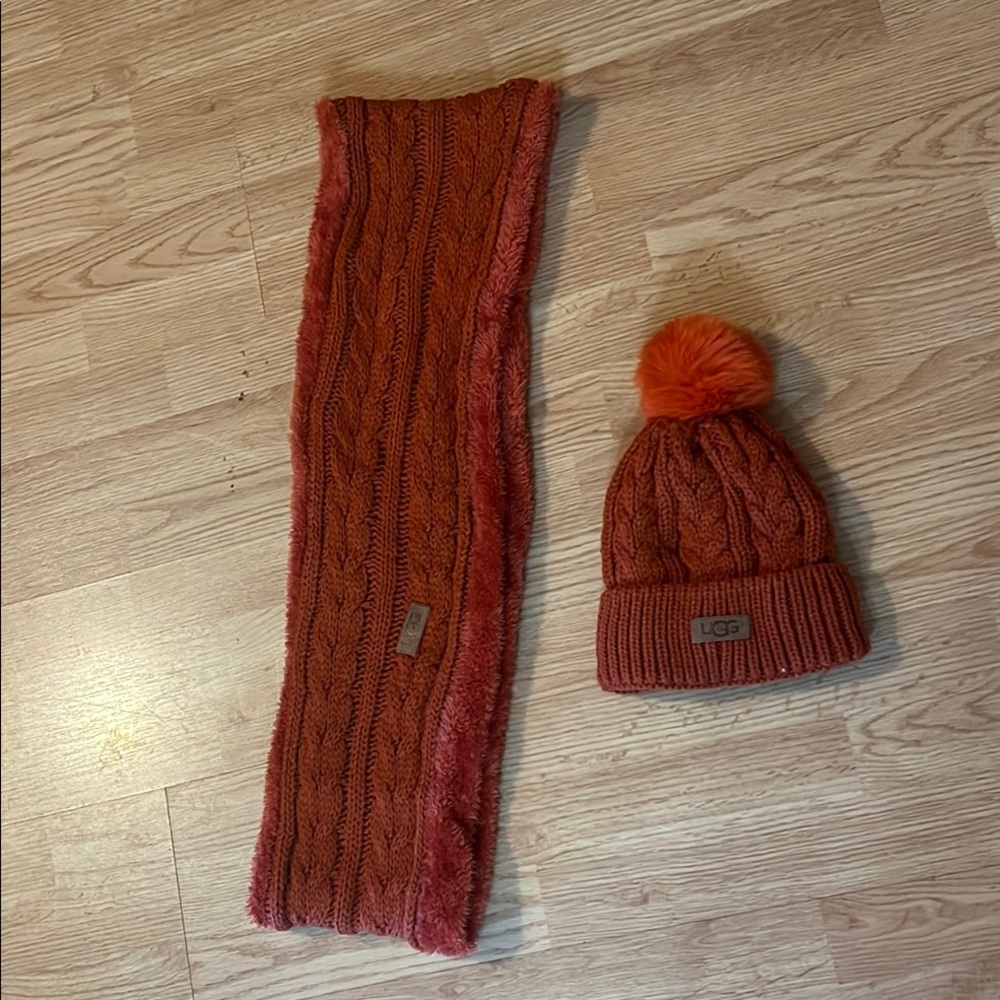 UGG Orange Knit Scarf and Beanie Set